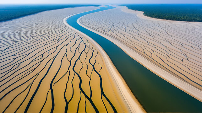 Huge sandbars arise in river Jamuna when the water level drops during the dry season. The striking pattern and textures look like desert when seen from above. Aerial sandbar view. Beauty of Nature.