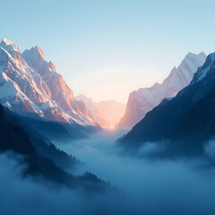 Epic Mountain Range at Sunrise with Snow-Capped Peaks and Atmospheric Fog