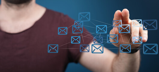 Person managing emails, digital communication, network concept.