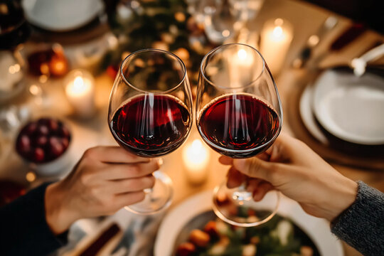 Clinking red wine glasses over holiday dinner