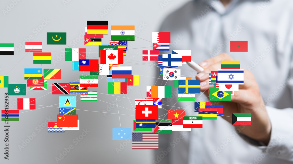 Poster Image of interconnected flags representing global collaboration and international relations.