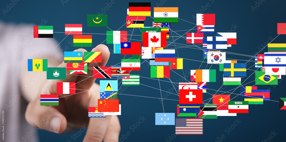 Poster image of interconnected flags representing global collaboration and international relations.