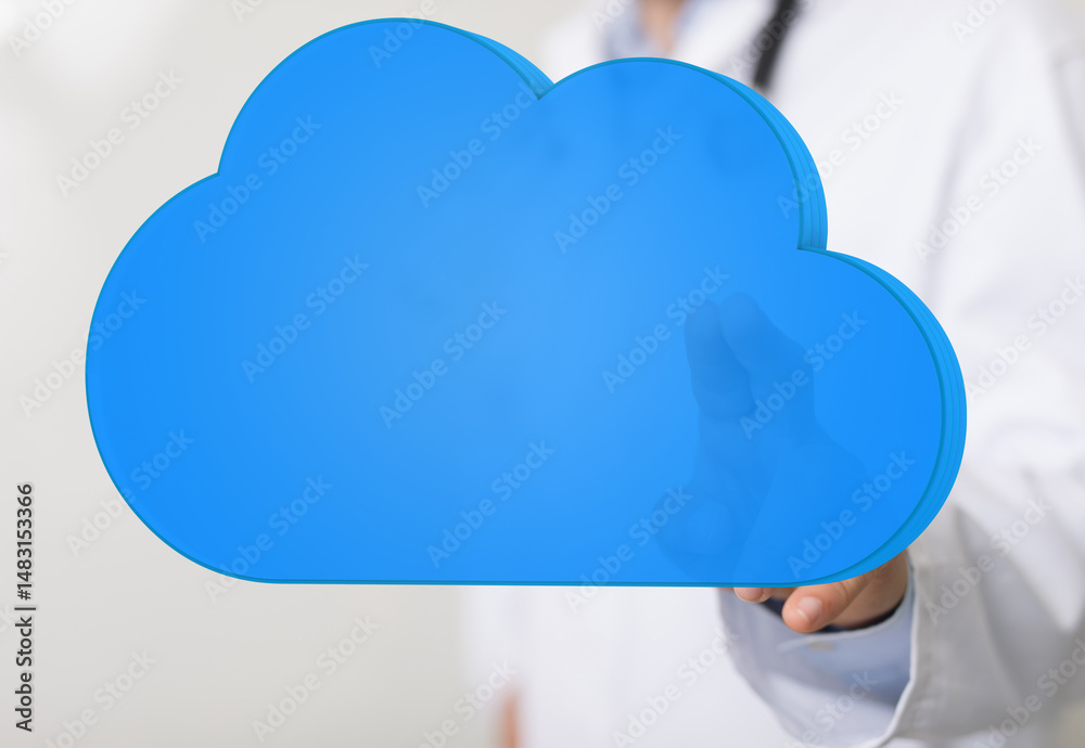 Poster Image of a doctor interacting with a digital cloud, representing healthcare technology and data storage.