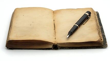 Minimalist notebook with pen placed beside on a clean white background featuring abundant negative space and 16k high resolution design, showcasing simplicity, stationery elegance