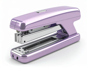 the photograph shows a desktop object, a mechanical instrument commonly used for binding papers together. it's colored in a light, shiny purplish hue and sits on a solid white surface