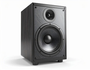 Fototapeta premium the image shows a speaker cabinet. the cabinet is rectangular, with what appears to be a wood grain pattern, in a dark color. two circular speakers of different sizes are embedded in the front panel