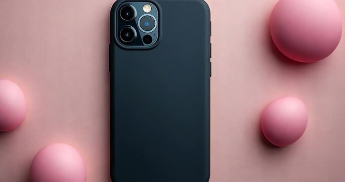 A black smartphone case lies on a pink surface with pink hemispheres.