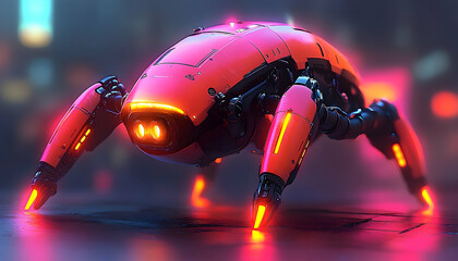 An arthropod-like robot in vibrant pink is stationed on a wet surface with blurred cityscape backdrop and artificial light accentuation