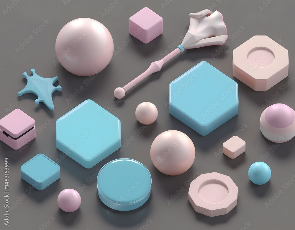 Poster isometric shapes, 3d rendering, clean edges, casting shadows create depth. abstract design element f
