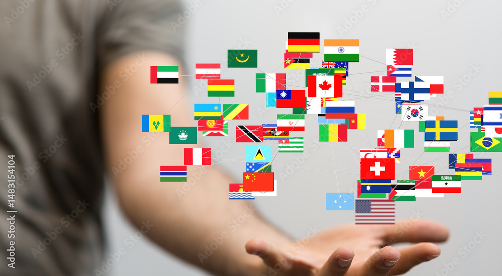 Poster image of interconnected flags representing global network, international relations, or worldwide col