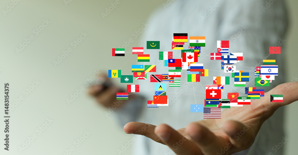 Poster image of many flags interconnected, symbolizing global connections and international collaboration.
