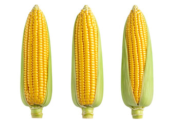 Three Fruit and vegetable elements, corn cobs isolated on a transparent background