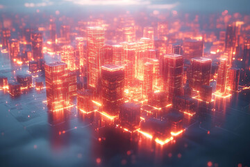 Fototapeta premium An illuminated city landscape, glowing with a warm orange light, set against a soft, diffused sky