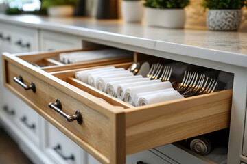 Knife and fork neatly arranged in open kitchen drawer.