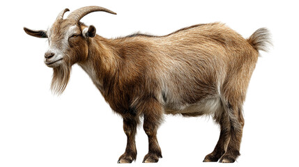 Brown goat standing isolated on studio shot adorable farm animal fur pet cute hair side view full body horns beard on transparent background