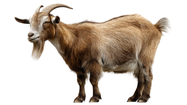 Brown goat standing isolated on studio shot adorable farm animal fur pet cute hair side view full body horns beard on transparent background
