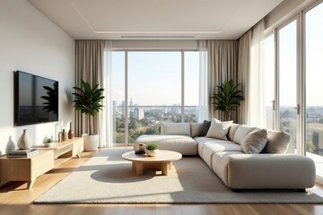 Modern minimalist condo living room, bright sunlight, apartment, grey, luxury