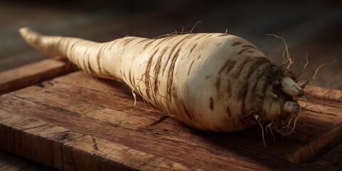 A single parsnip rests on a dark wooden cutting board. Its earthy tones and rough texture are highlighted by the warm light.