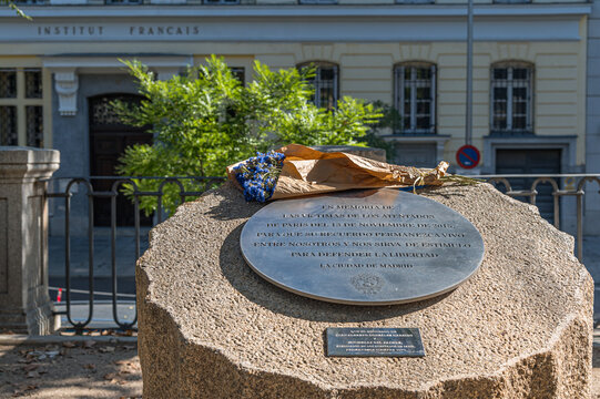 MADRID, SPAIN - NOVEMBER 6, 2022: Monument in memory of the victims of the November 2015 Paris attacks, located in front of the French Institute in Madrid, Spain