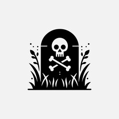 Monochrome cemetery vector symbol featuring skull and crossbones emblem on stylized gravestone with leaf motifs