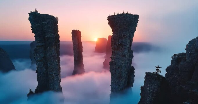 Aerial view of majestic rock formations rising above a sea of clouds at sunset.
