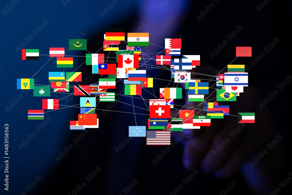 Poster image of interconnected world flags symbolizing global collaboration, trade, and communication.