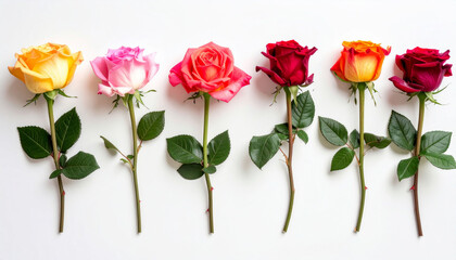 Obraz premium the image showcases a row of six flowers placed against a bright, neutral background. each flower is positioned upright and has a distinct coloration, spanning from light yellow to deep red