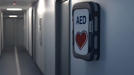 of a portable AED unit mounted on a wall with a clear heart symbol and emergency signage, located in a public hallway or station corridor "AED" [AED]:[heart] AED unit heart symbol public safety 