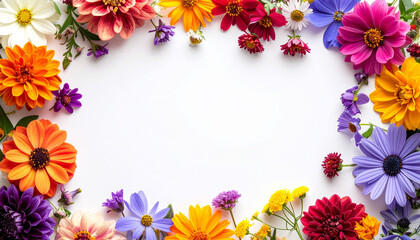 Obraz premium on a bright white background, a colorful frame of flowers surrounds the empty space in the middle