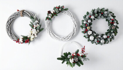 four wreaths hang on a plain white background. the wreaths have a circular shape, but vary in color, material, and adornments
