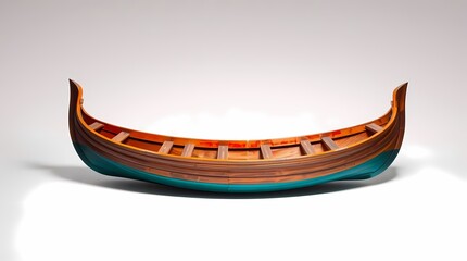 A traditional wooden boat with a teal and brown hull,  resting on a white surface