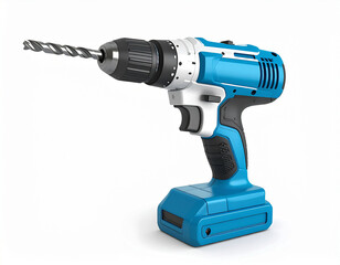 a cordless power drill sits against a plain white background. the tool has a bright blue body and handle with some white and black accents