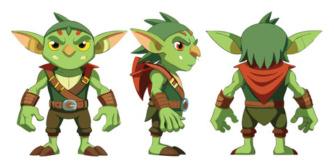 Naklejka premium Cartoon goblin character illustration in three views with transparent background for design projects
