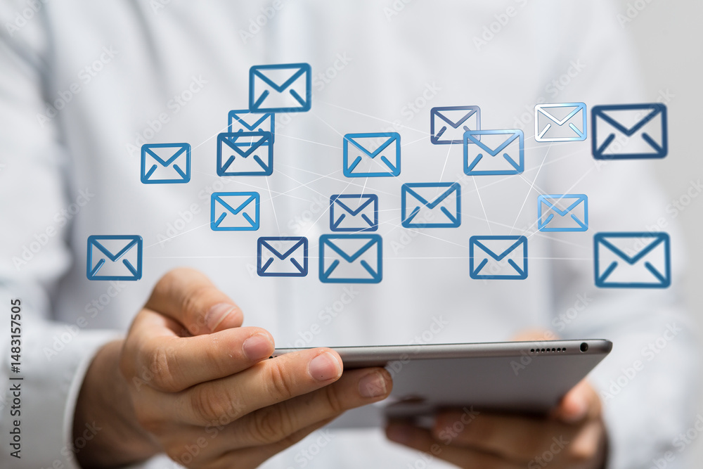 Poster Person using tablet to manage multiple emails.  Efficient inbox management concept.