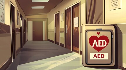 scene of a school hallway with an AED box next to classroom doors, marked with a heart icon and alert signage for visibility "AED" [AED]:[heart] school hallway AED heart symbol alert signage 