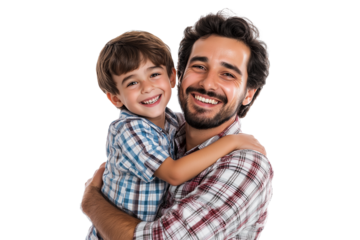 Happy smiling, laughing and family love of a father and son carrying with care, isolated on transparent background