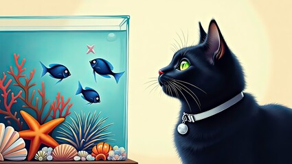 A sleek cat, adorned with a collar, intently gazes at a glass aquarium filled with vibrant fish, starfish, 