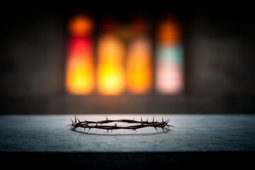 Symbolic crown of thorns resting on stone altar with stained glass background, perfect for religious reflection or spiritual design