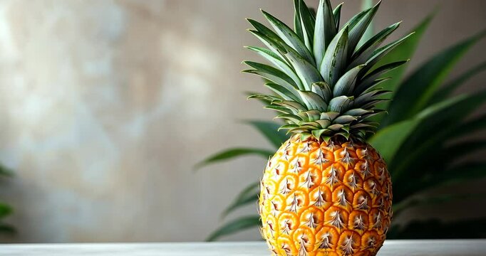 Static shot: A ripe pineapple sits on a table against a blurred background.