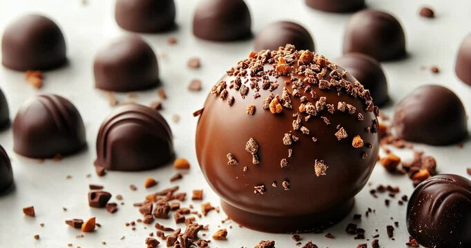 Close-up macro shot of assorted chocolates, showcasing their rich textures and colors.