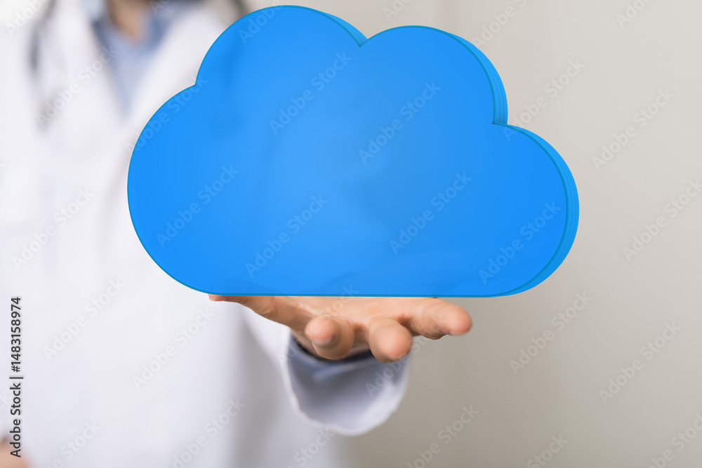Aufkleber image of a doctor presenting a cloud icon, symbolizing healthcare data storage and cloud solutions.