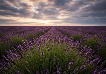 Fototapeta premium 紫色のラベンダー畑 穏やかな朝焼け 広がる風景