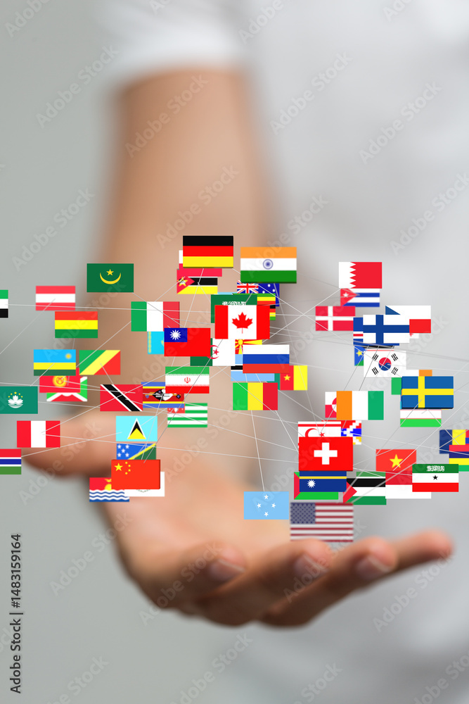 Poster image of a hand holding a network of world flags, symbolizing global connections and international c