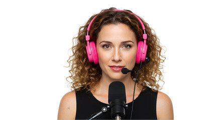 Professional Podcaster with Microphone and Headphones Isolated on white background, Portrait of Female Audio Host in Studio Setup, female podcaster isolated on white background