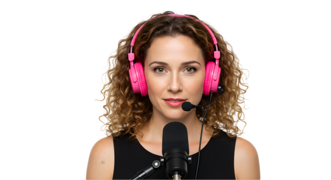 Professional Podcaster with Microphone and Headphones Isolated on white background, Portrait of Female Audio Host in Studio Setup, female podcaster isolated on white background
