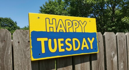 Obraz premium Happy Tuesday greetings cheerful sign bright colors wooden fence background perfect for social media posts cards or prints
