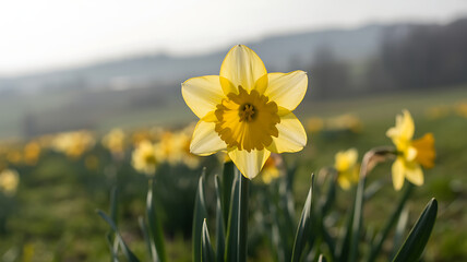 Fototapeta premium Yellow daffodils blooming in a serene field with distant mountains and clear sky, symbolizing spring and nature's beauty