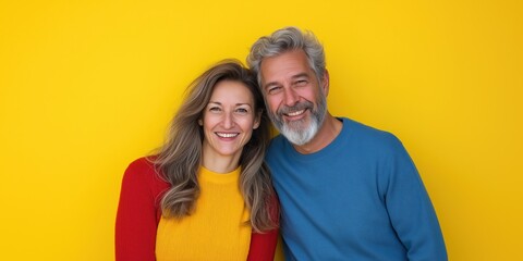 Naklejka premium Smiling caucasian mature couple in colorful sweaters against yellow background