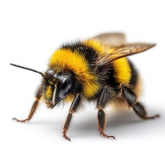 A close-up shot of a fuzzy bumblebee, showcasing its intricate features and vibrant colors
