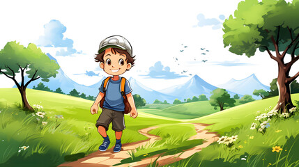 Professional Cartoon Vector Illustration of Adorable Little Boy Enjoying Scenic Landscape View